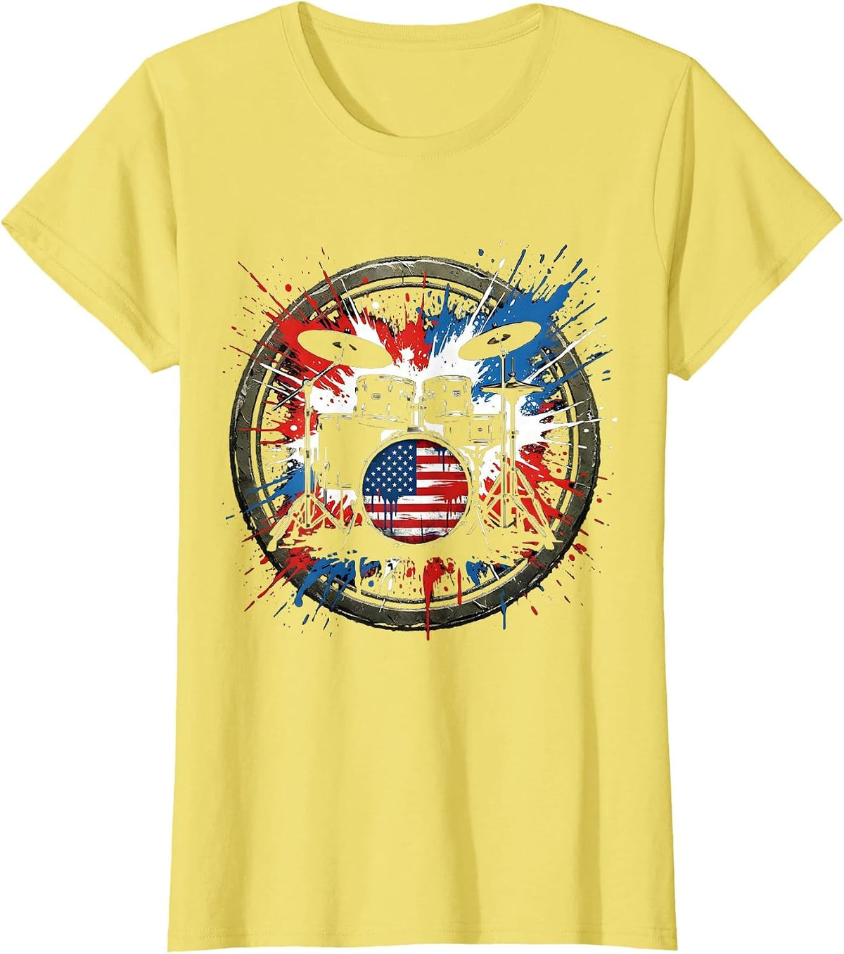 Women's Patriotic Drum Kit Red White and Blue Splatter T-Shirt - Lemon Yellow