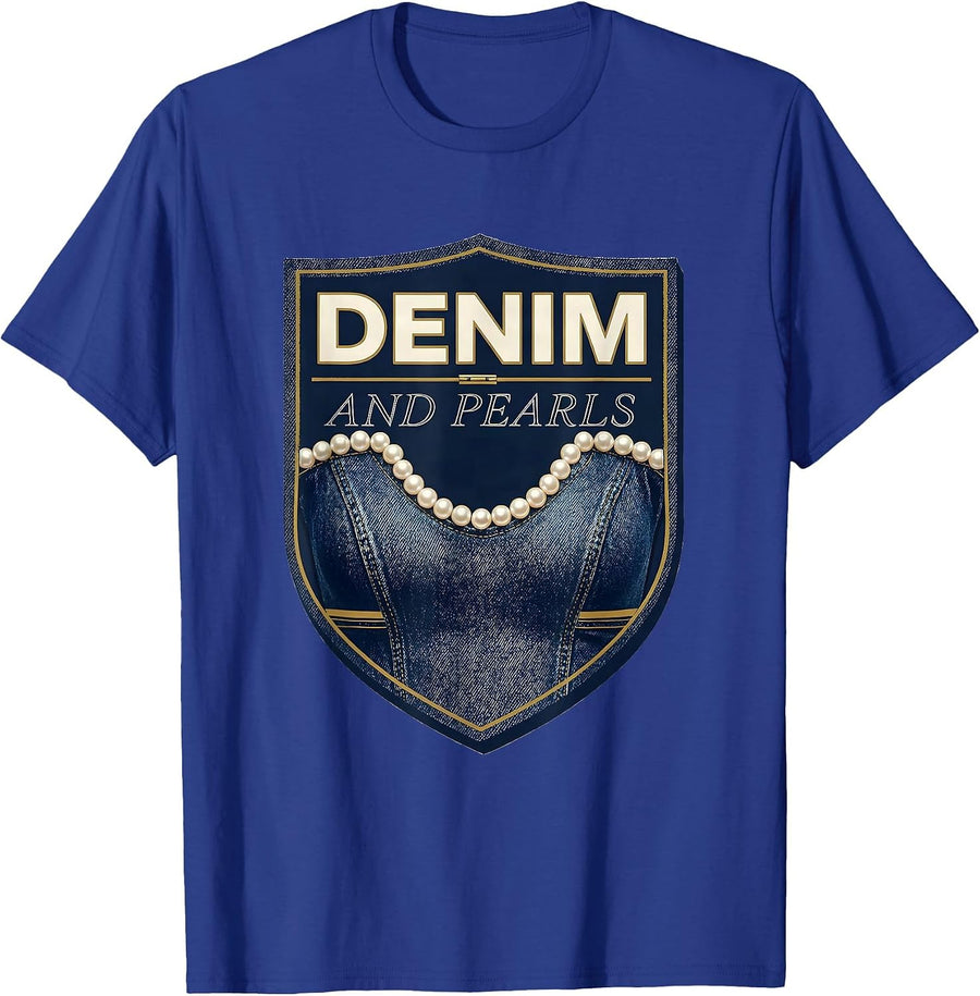 Denim And Pearls Glam Vintage Ladies Fashion Party Top T-Shirt - Royal Blue