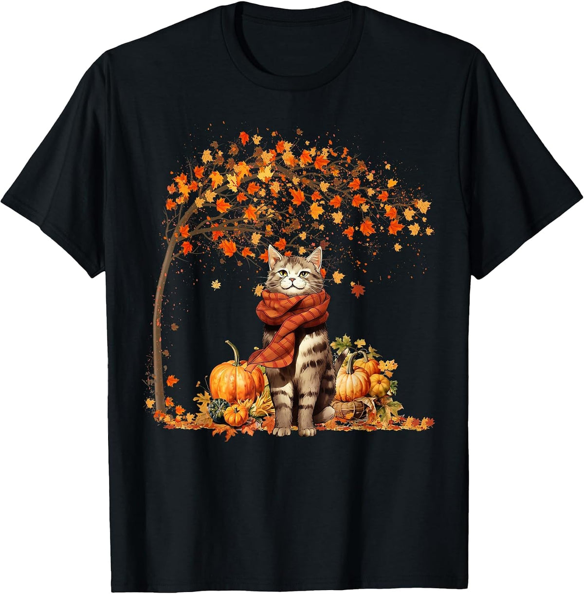 Cat Leaf Fall Hello Autumn Cat Kitten Lover Thanksgiving T-Shirt - Black