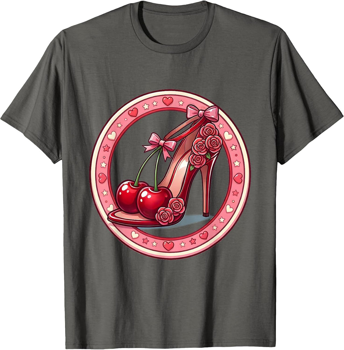 Gigi High Heel Rose Floral Illustration T-Shirt - Asphalt Grey