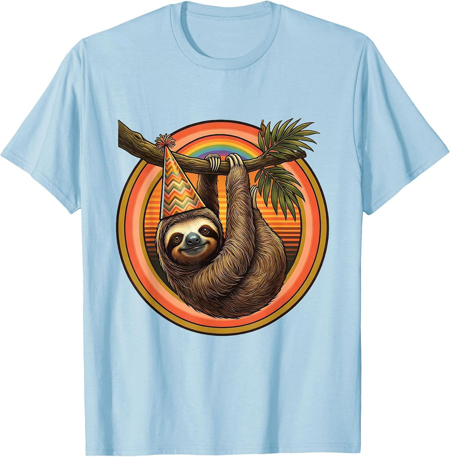 Men's Birthday Sloth Party Hat Hanging From Branch T-Shirt - Baby Blue