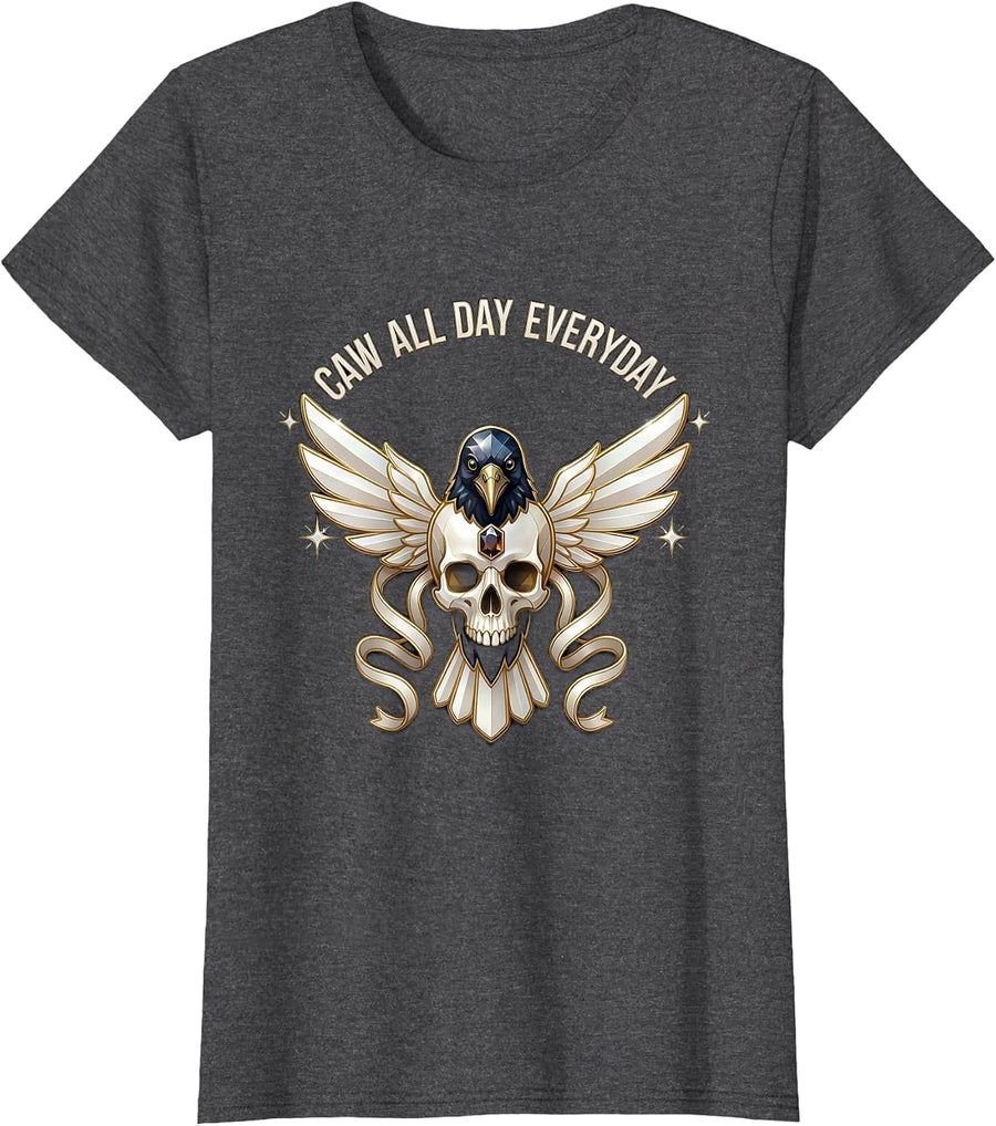 Women's Caw All Day Everyday Crow Bird Design T-Shirt - Dark Heather Grey