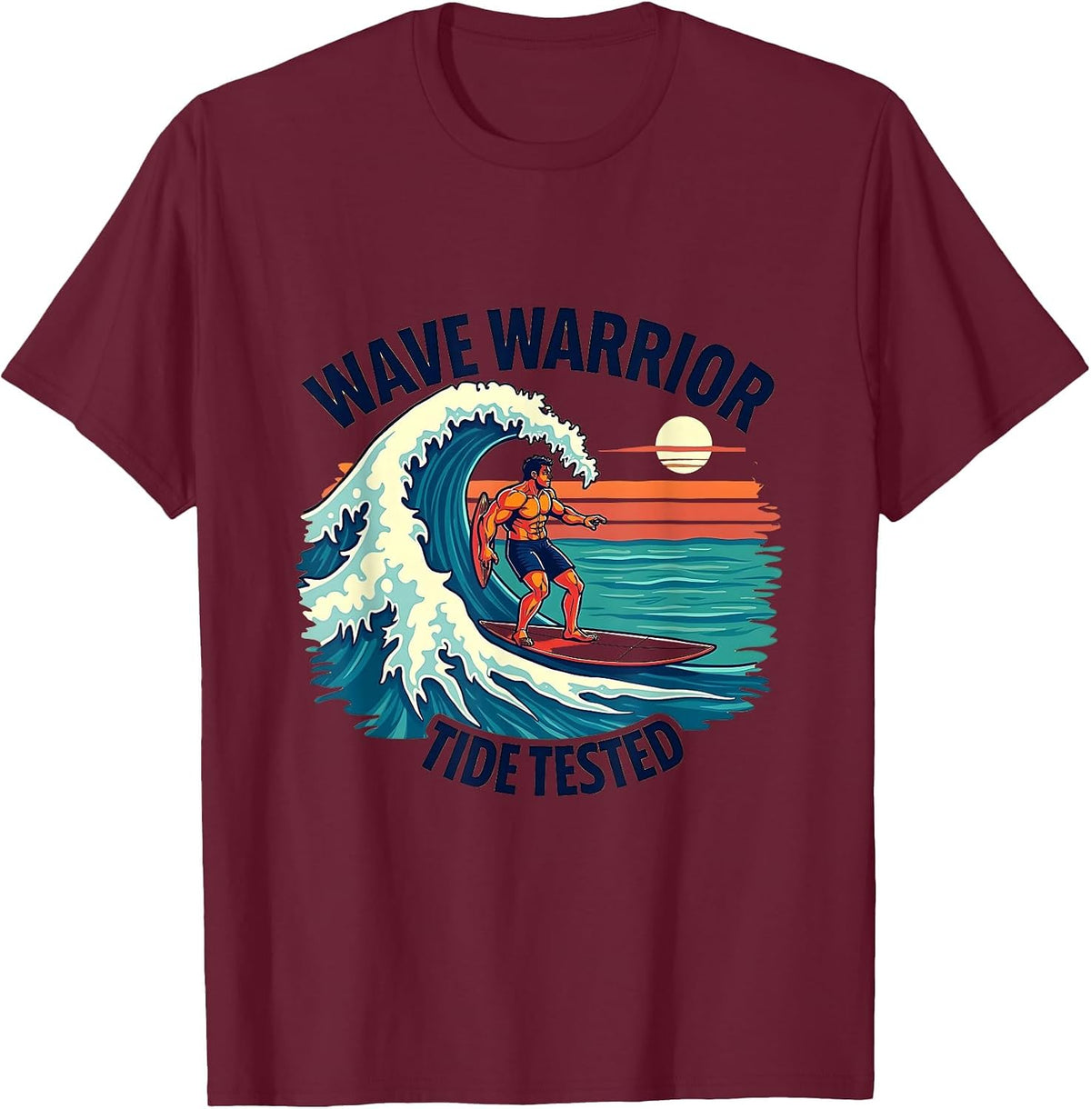 Wave Warrior Tide Tested Surf Design T-Shirt - Burgundy