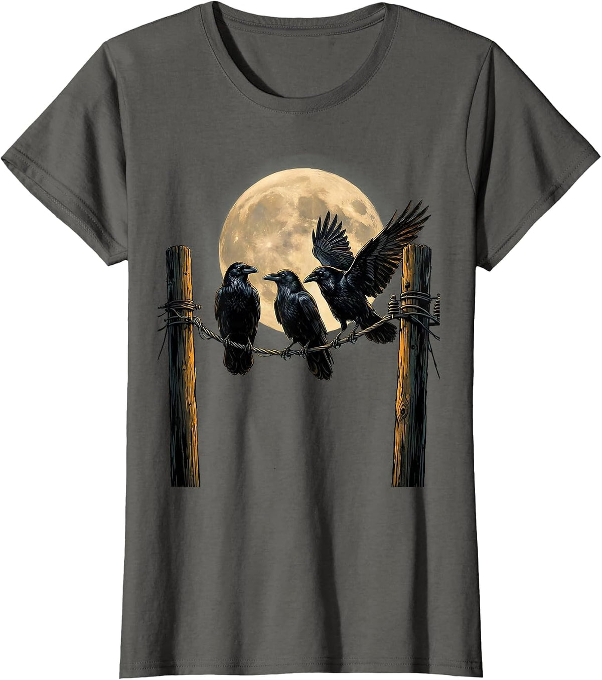 Women's Three Crows on a Wire Illustration T-Shirt - Asphalt Grey