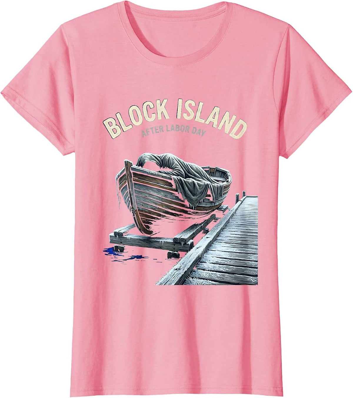 Women's Block Island After Labor Day Vintage Crossed Oars & Boat T-Shirt - Pink