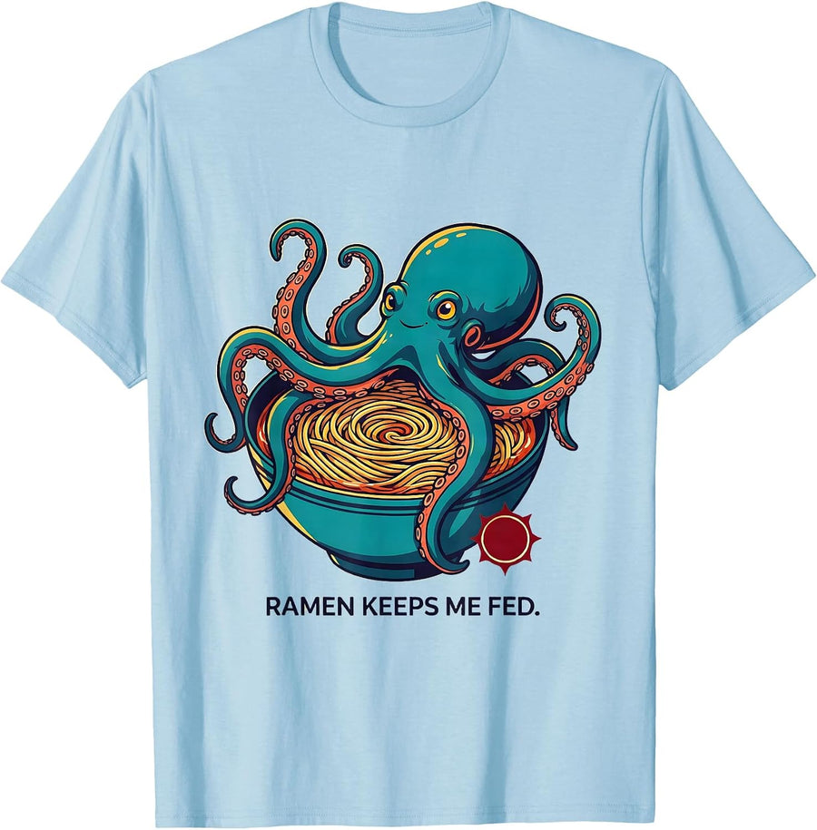 Men's Ramen Keeps Me Fed Funny Octopus Anime Animal Lover Gift T-Shirt - Baby Blue