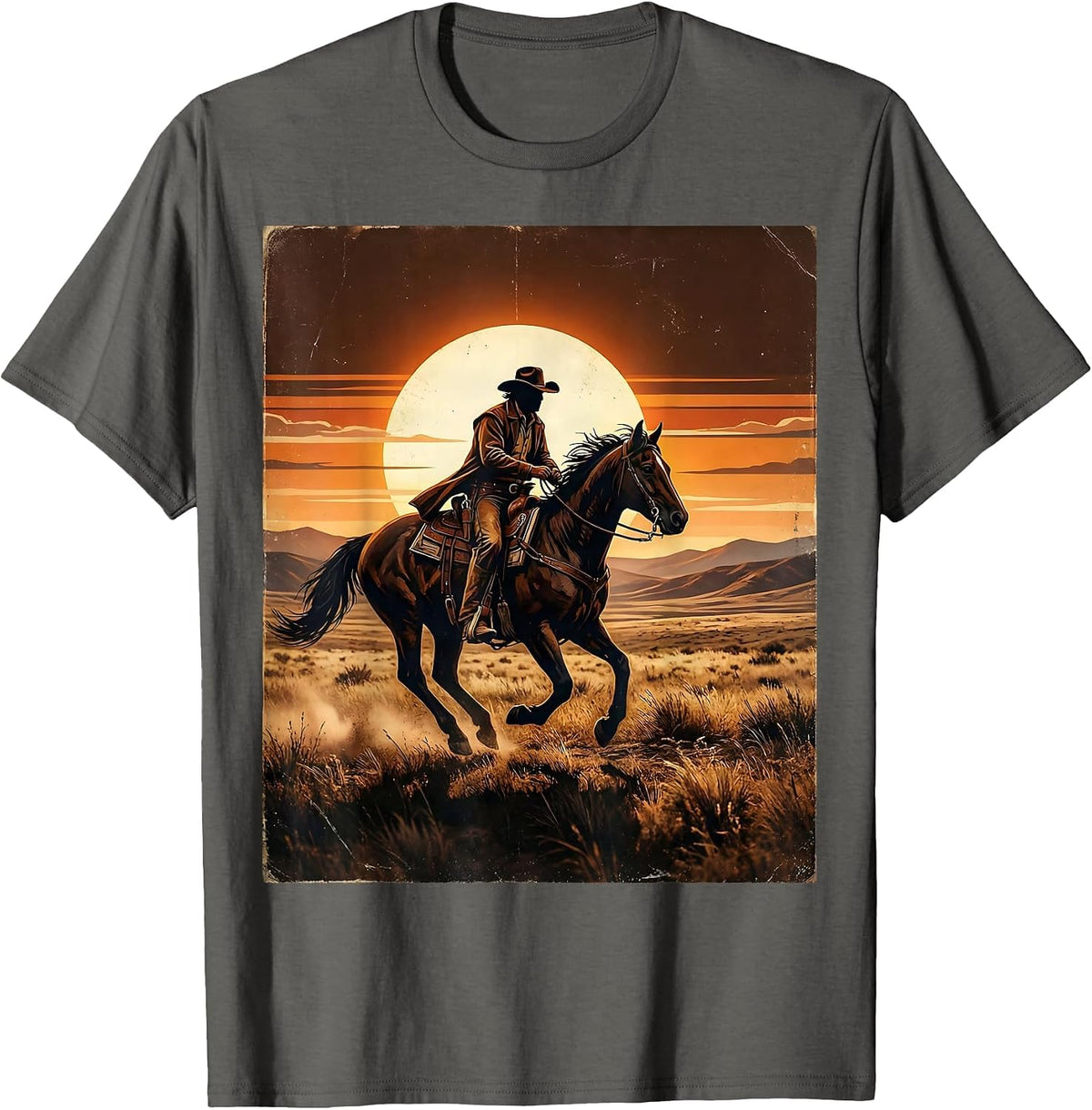 Lone Rider Horseback Sunset Freedom Graphic T-Shirt - Asphalt Grey