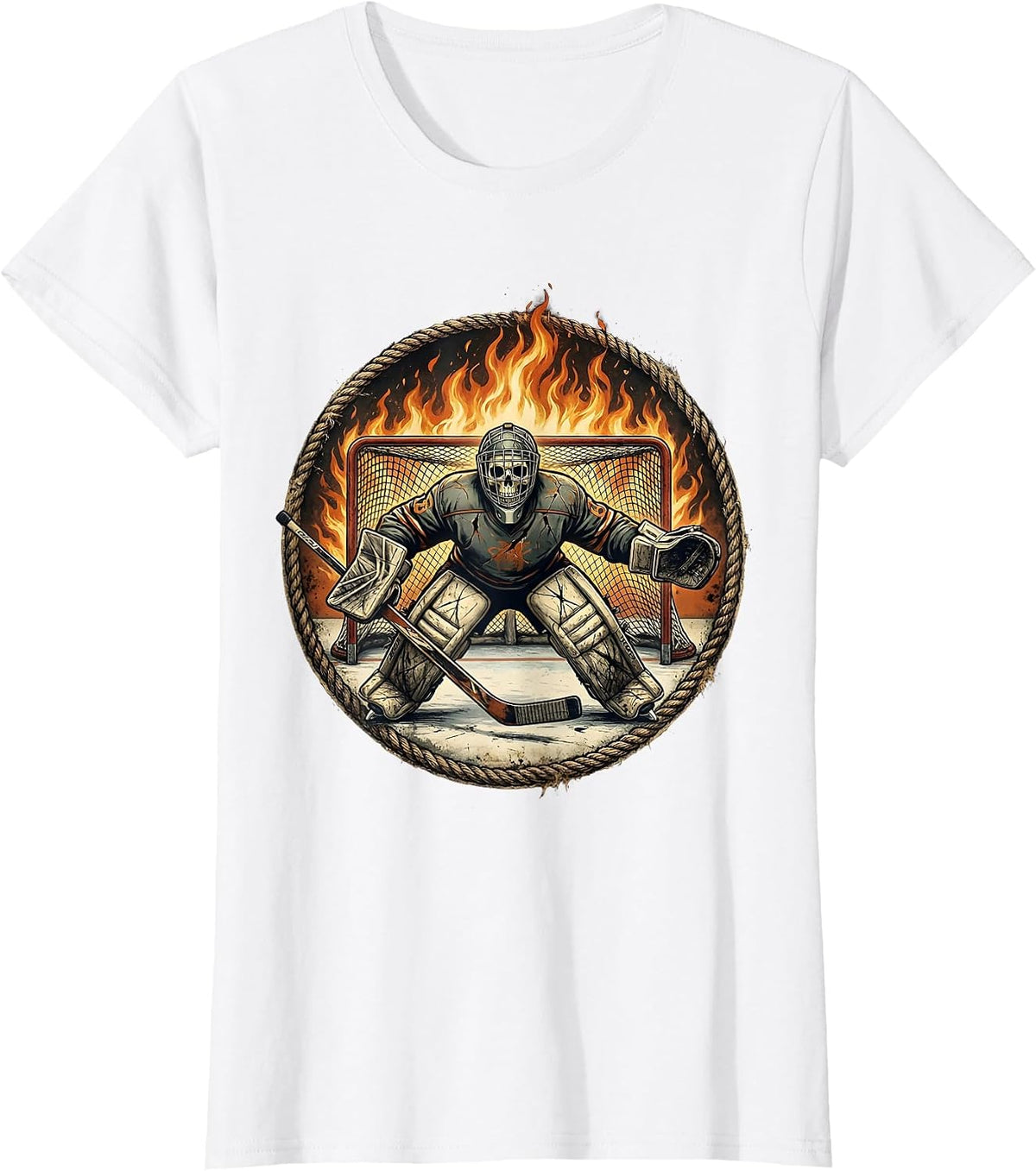 Skeleton Goalie Flaming Net Hockey Graphic T-Shirt - White