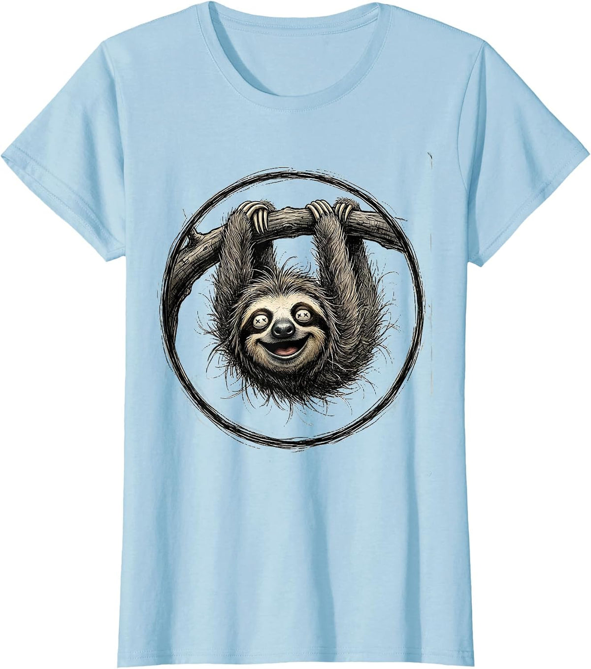 Women's Derpy Upside Down Sloth Hanging From Branch T-Shirt - Baby Blue