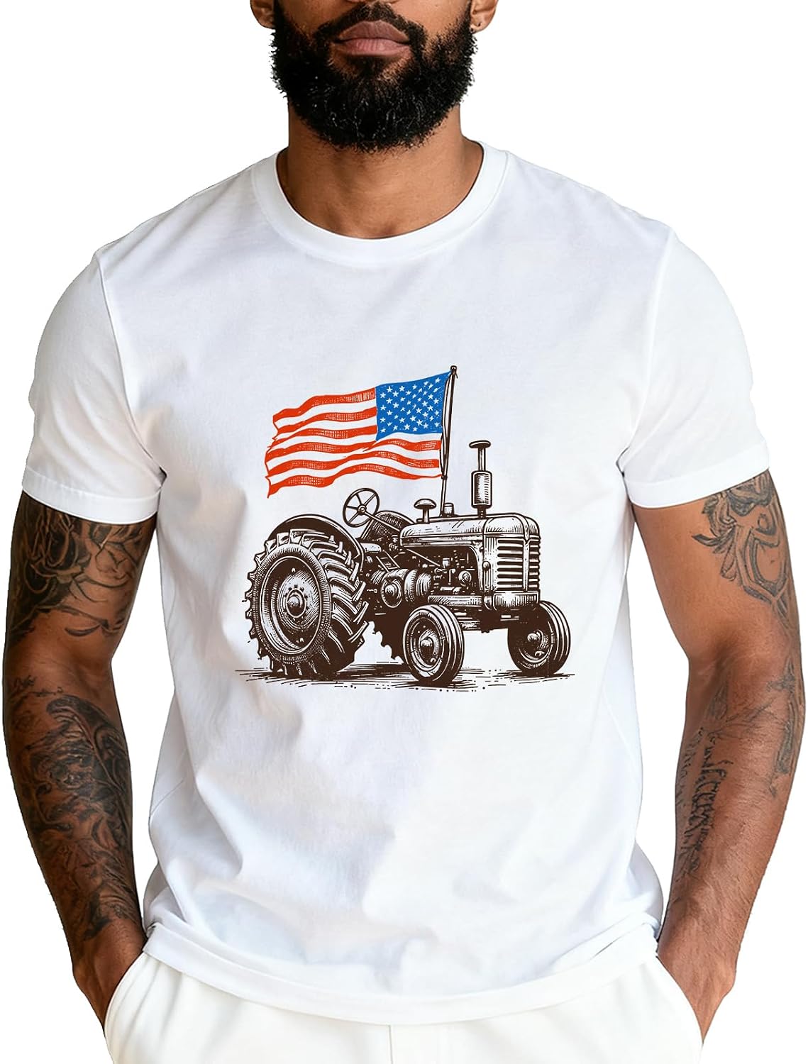 Farm Tractors USA Flag Shirt Patriotic Farming T-Shirt Unisex - White