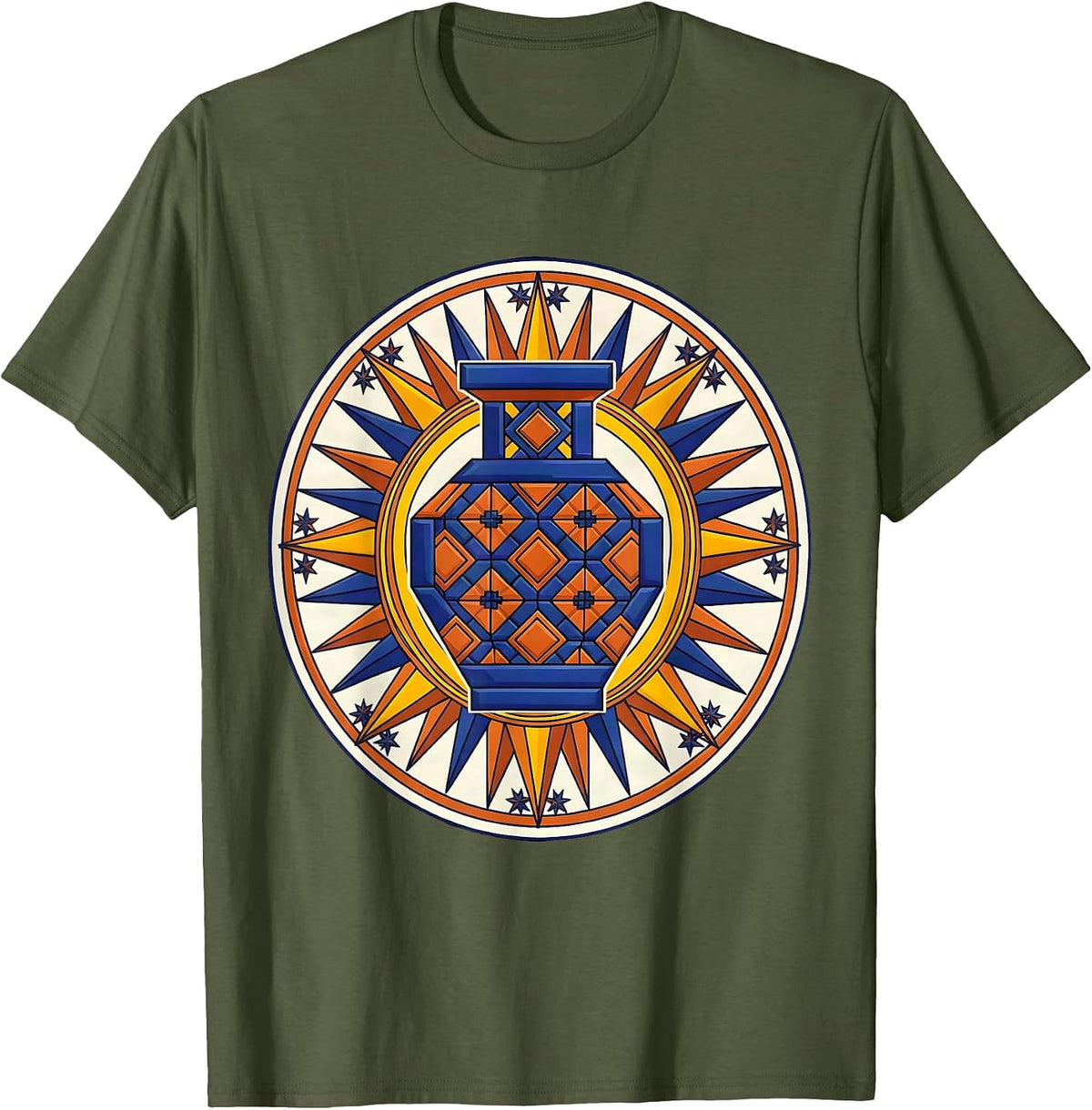Men's Talavera Pottery Vase Mexican Folk Art Design T-Shirt - Olive Green