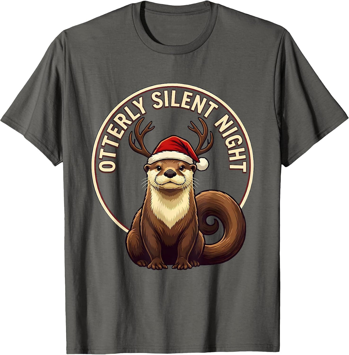 Otterly Silent Night Funny Otter Christmas Animal Lover Ugly T-Shirt - Asphalt Grey