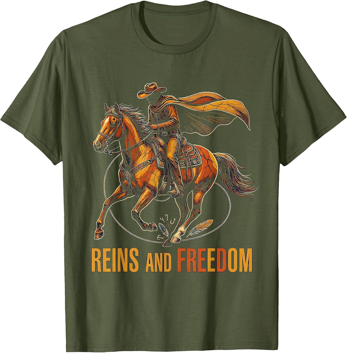 Men's Reins and Freedom Cowboy Western Design T-Shirt - Olive Green