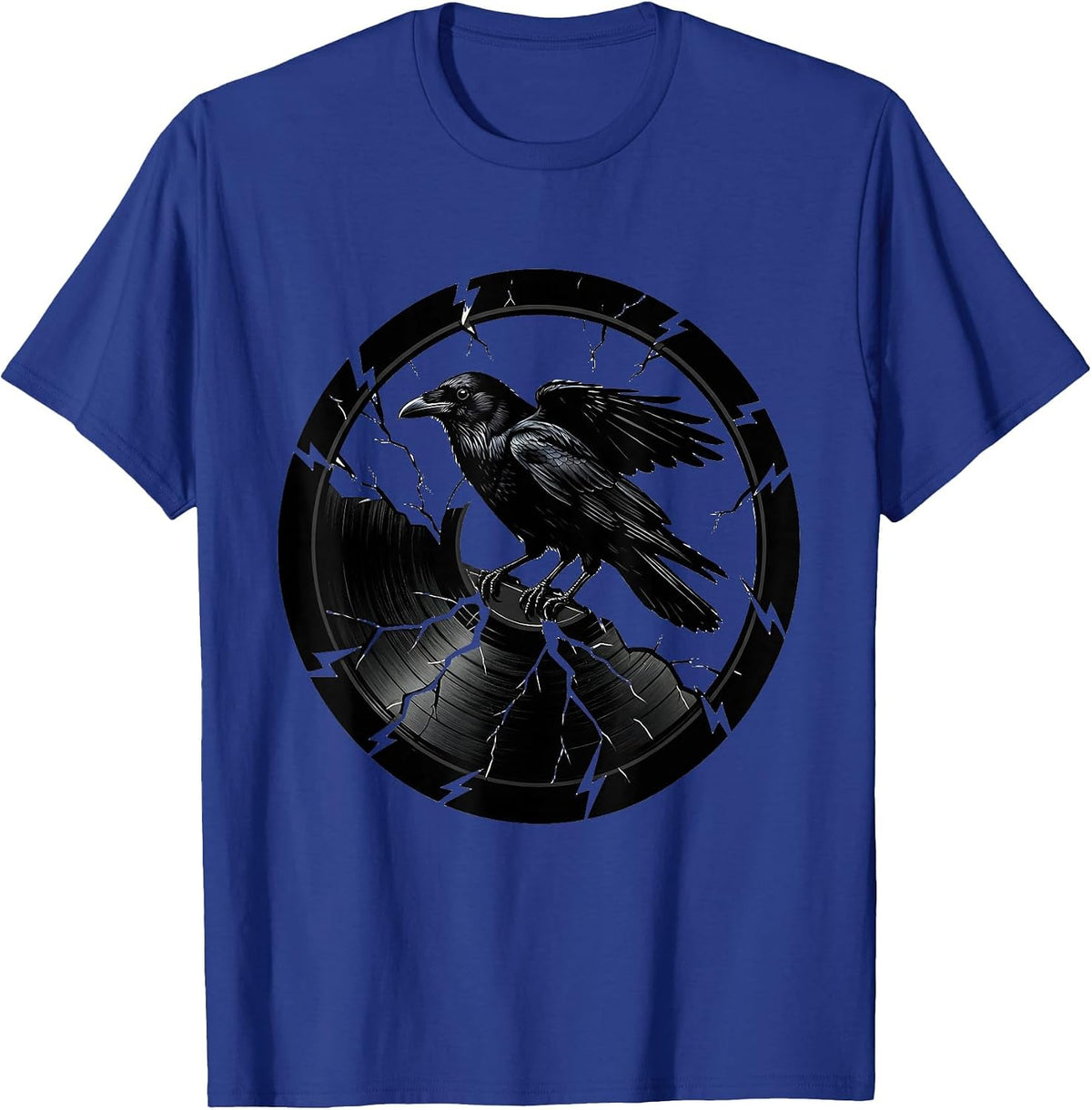 Crow on Cracked Vinyl Record Rock and Roll Art T-Shirt - Royal Blue