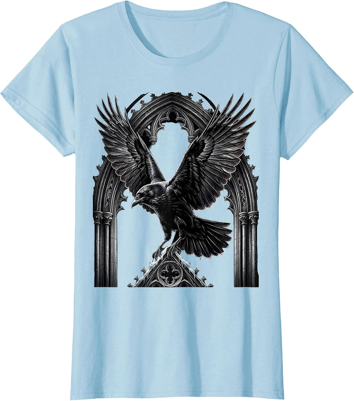 Crow Mid-Dive Spread Wings Illustration T-Shirt - Baby Blue