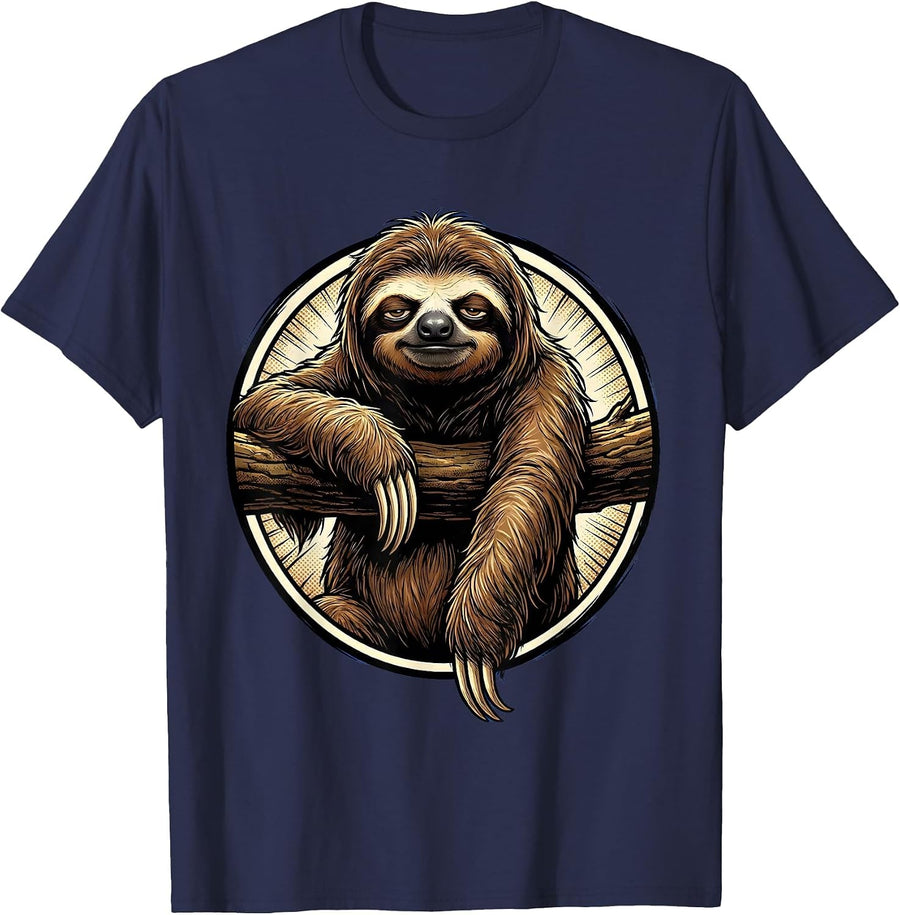 Exhausted Sloth Hanging From Branch Illustration T-Shirt - Navy Blue