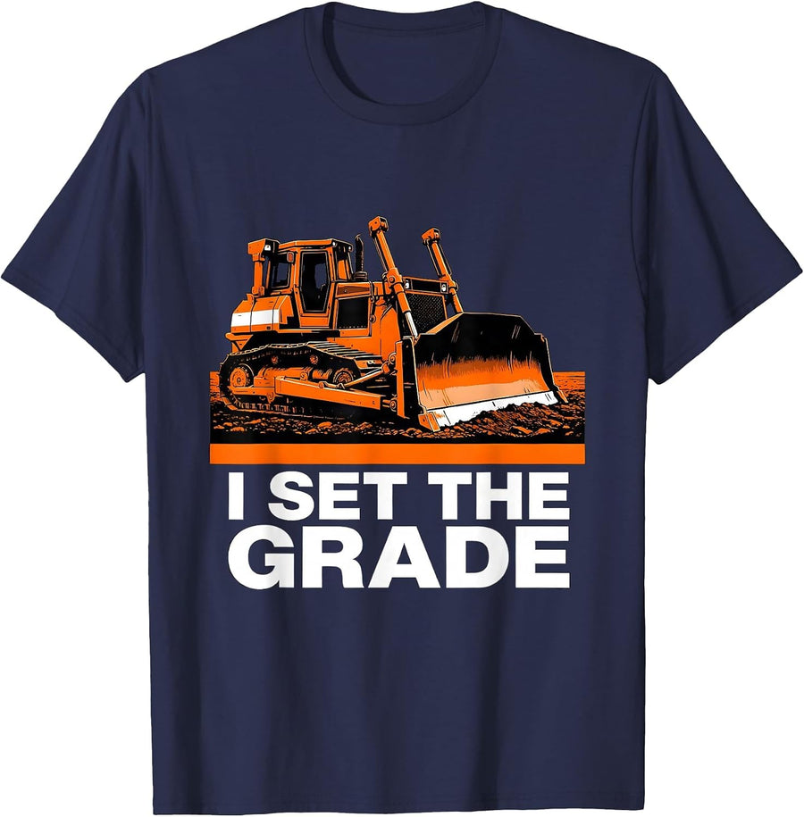 I Set The Grade Funny Construction Worker Heavy Equipment T-Shirt - Navy Blue