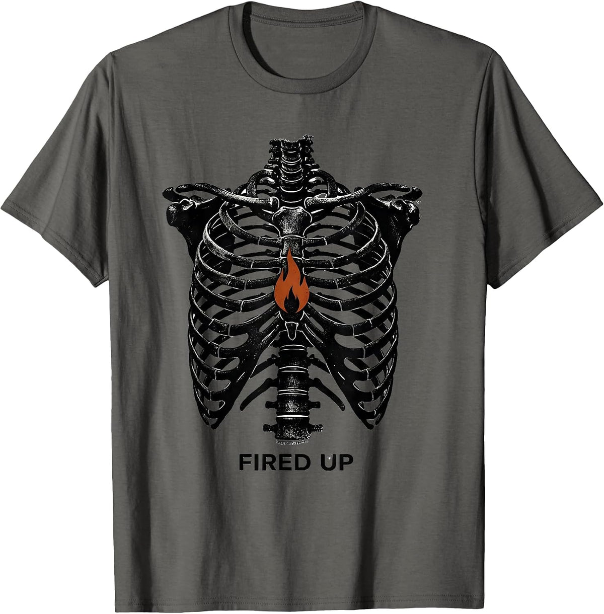 Men's Fired Up Rubber Stamp Skeleton Rib Cage Halloween Costume T-Shirt - Asphalt Grey