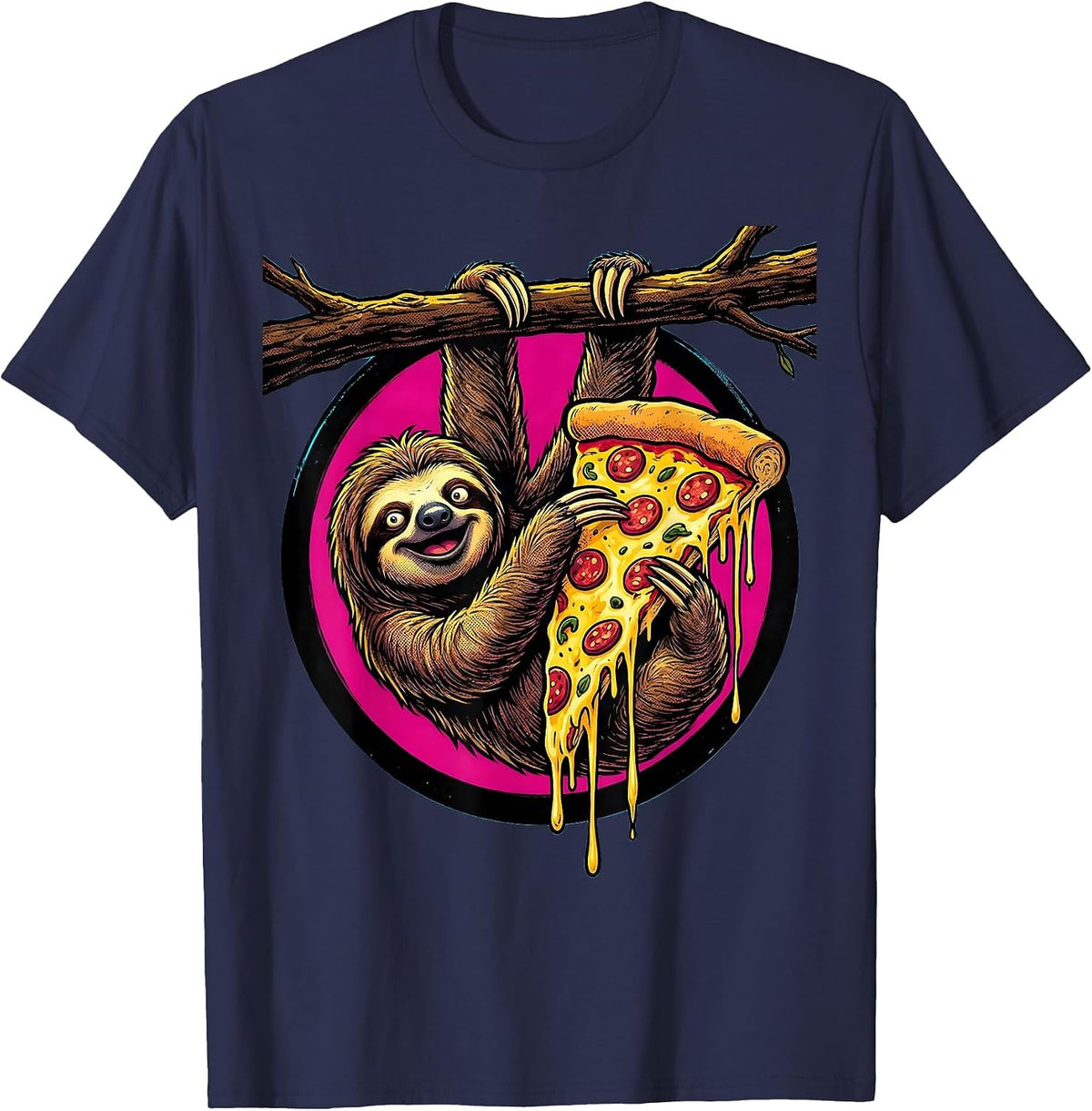 Upside Down Sloth Pizza Lover Funny Graphic T-Shirt - Navy Blue