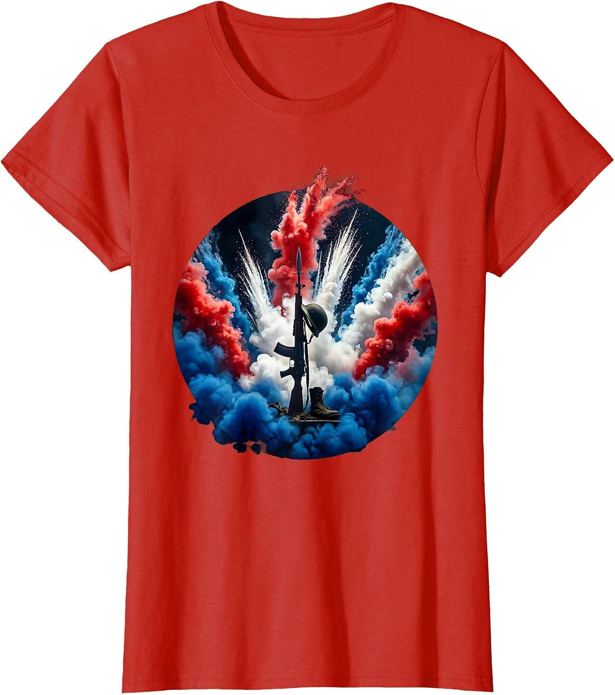 Soldier Boots Helmet Rifle Memorial Patriotic T-Shirt - Red