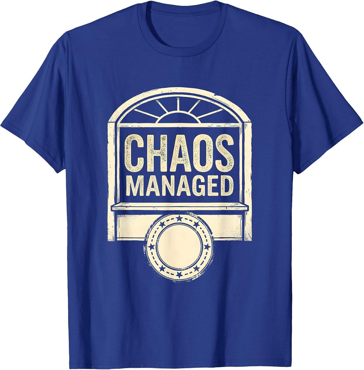 CHAOS MANAGED Rubber Stamp Circus Crew Carnival Staff T-Shirt - Royal Blue