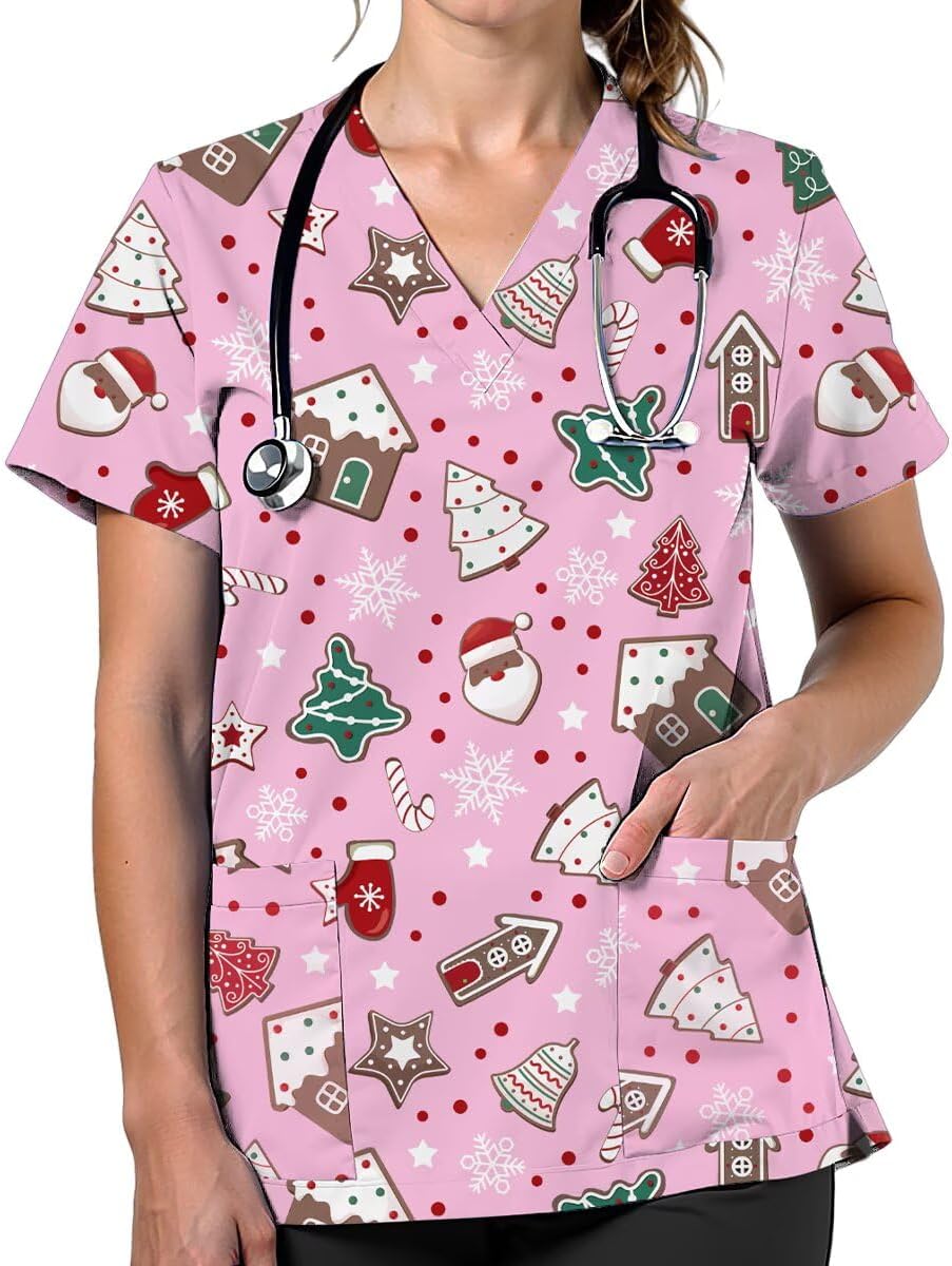 Scrubs for Women Cute Printed V Neck Scrub Top Nurse Shirt - D3398-pink