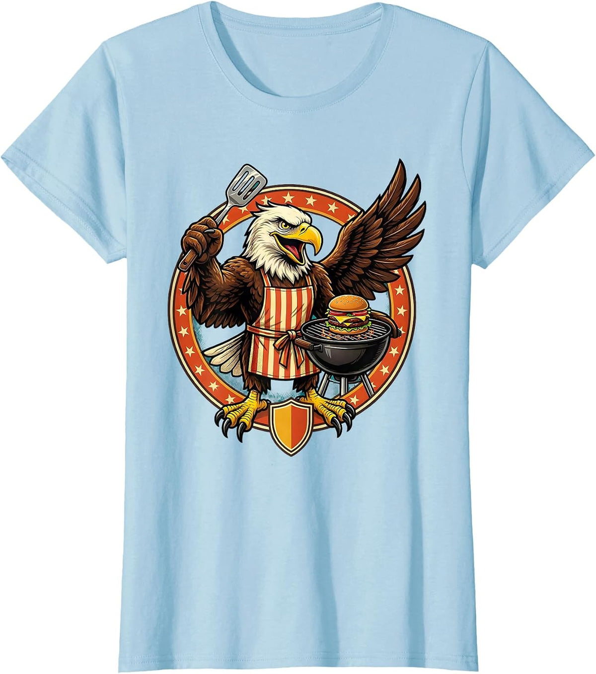 Bald Eagle Grilling Burgers Funny BBQ Design T-Shirt - Baby Blue