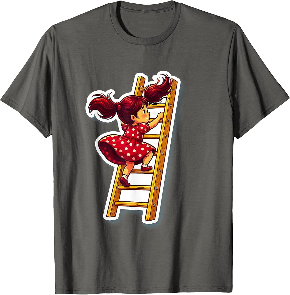 Polka Dot Dress Girl Climbing Tall Ladder T-Shirt - Asphalt Grey