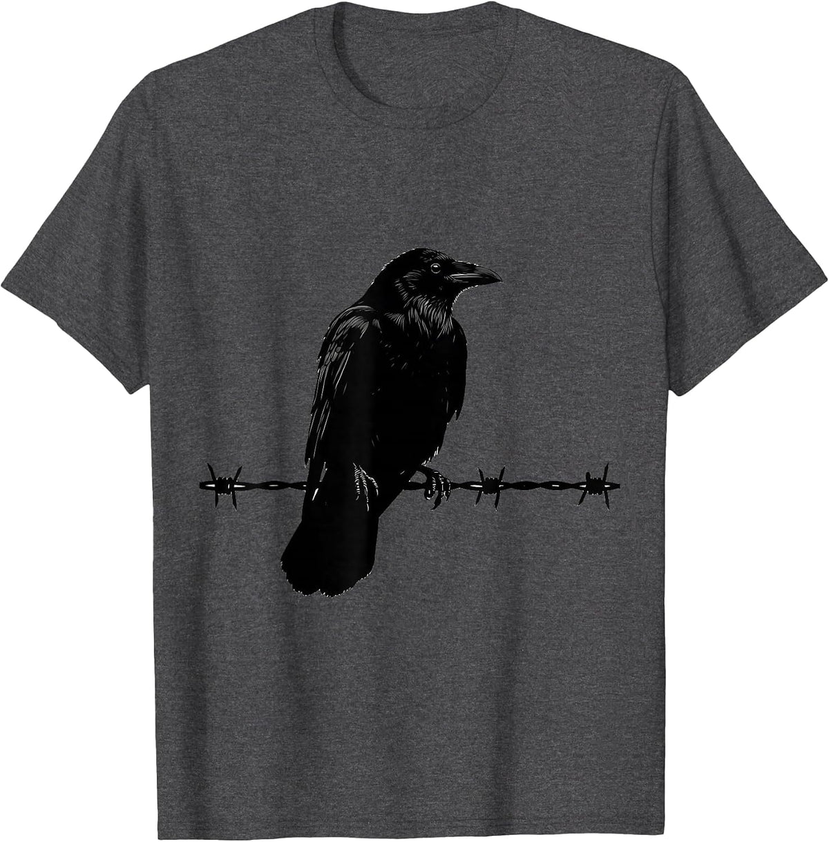 Crow Perched on Barbed Wire Fence Illustration T-Shirt - Dark Heather Grey