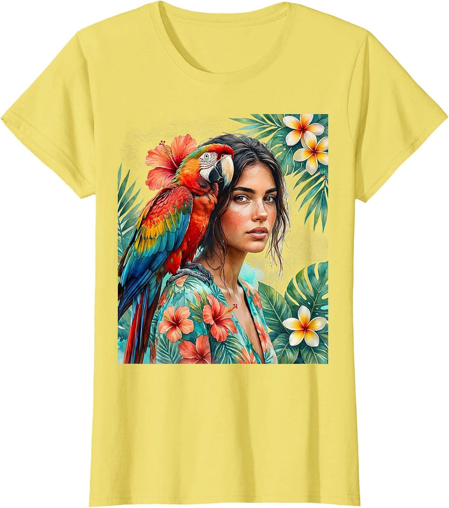 Women's Girl With Parrot Hawaiian Tropical Illustration T-Shirt - Lemon Yellow