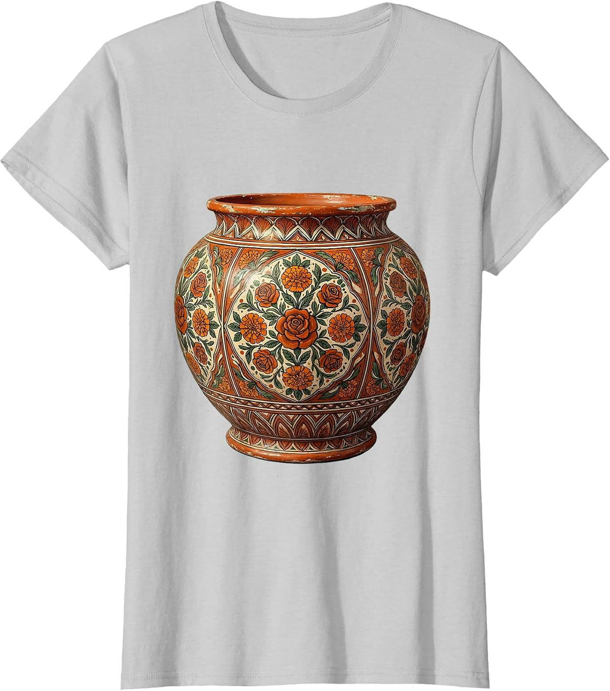 Women's Ornate Talavera Pottery Floral Illustration T-Shirt - Silver Grey