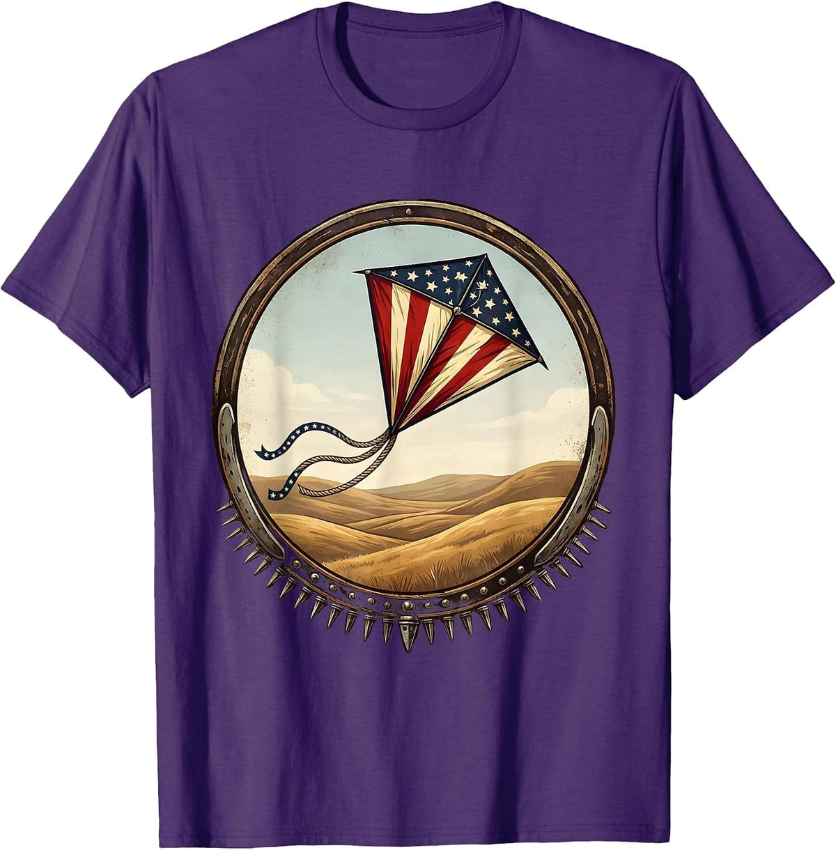 Men's Red White and Blue Kite Soaring Over Hills T-Shirt - Purple