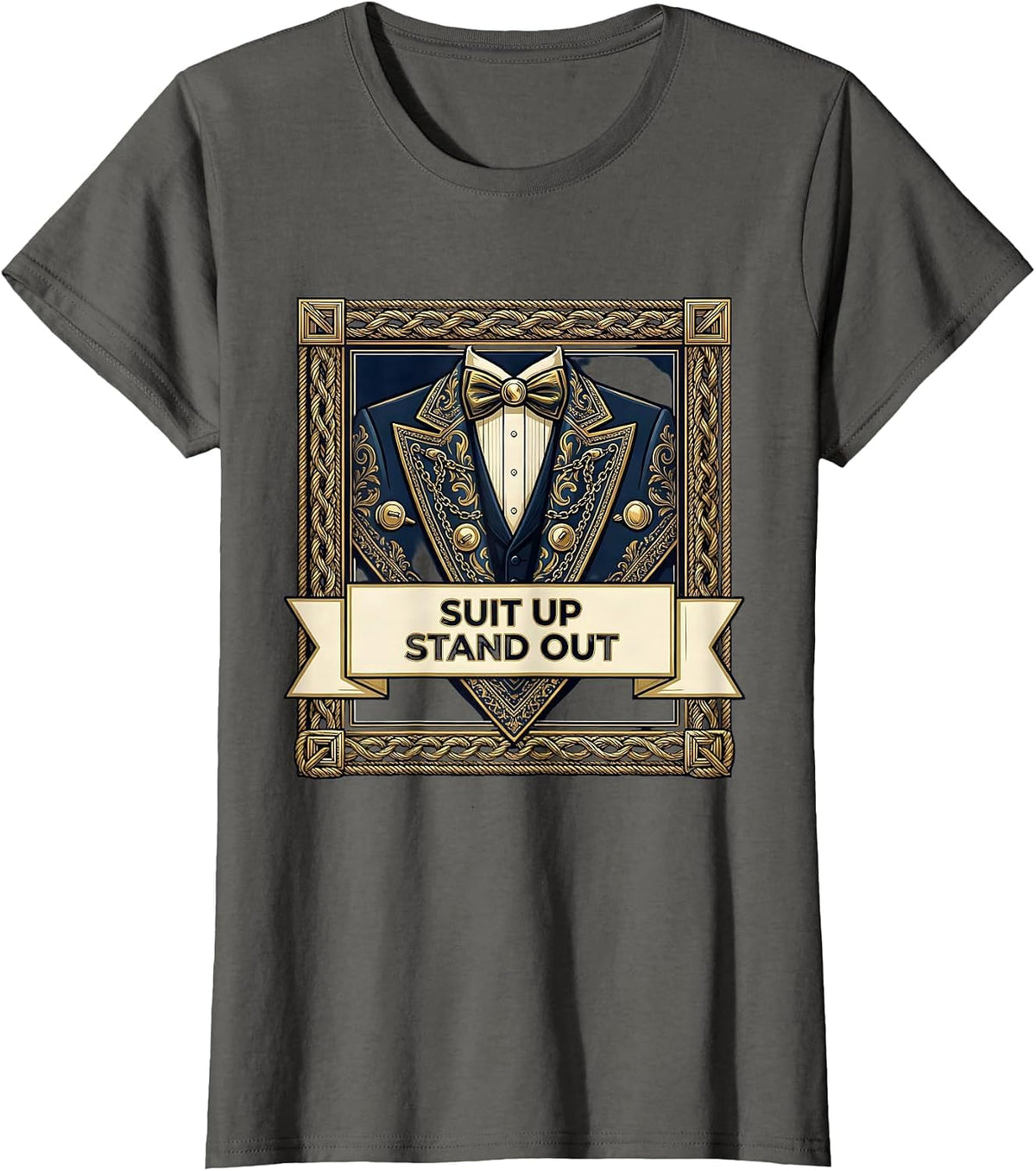 Women's Suit Up Stand Out Tuxedo Graphic Design T-Shirt - Asphalt Grey