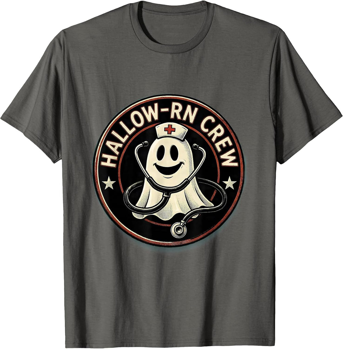 Men's Hallow-RN Crew Retro Cartoon Halloween Nurse Medical Humor T-Shirt - Asphalt Grey