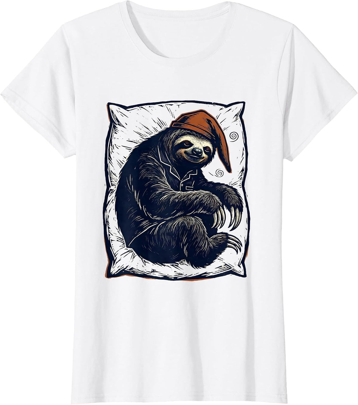 Sloth Pajama Linocut Funny Sleepwear Gift T-Shirt - White