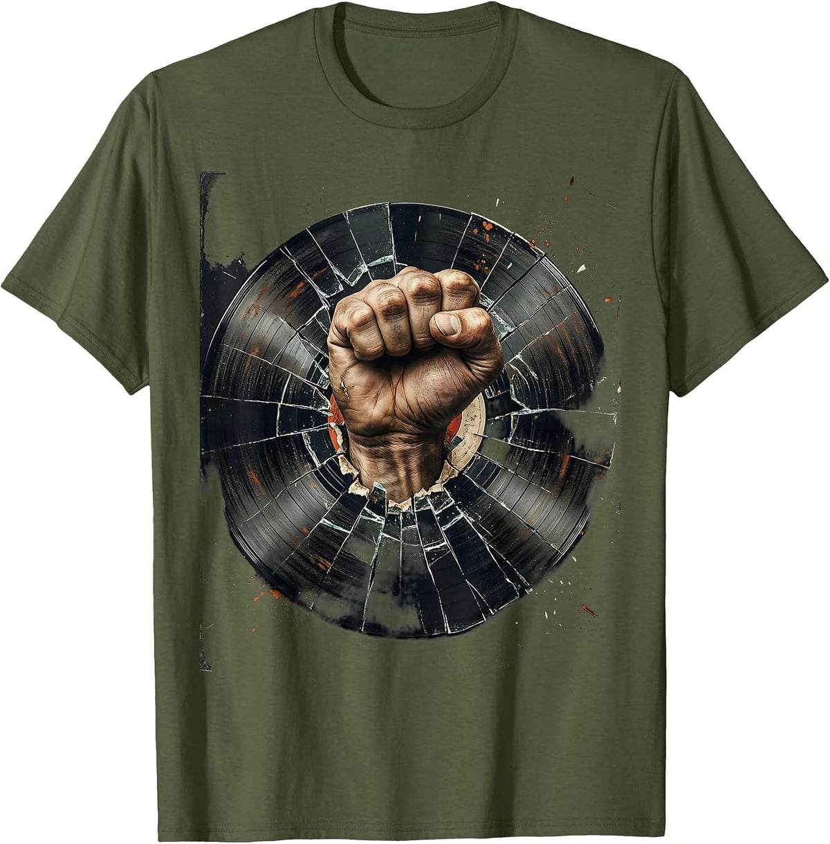 Punk Fist Smashing Vinyl Record Graphic Tee T-Shirt - Olive Green