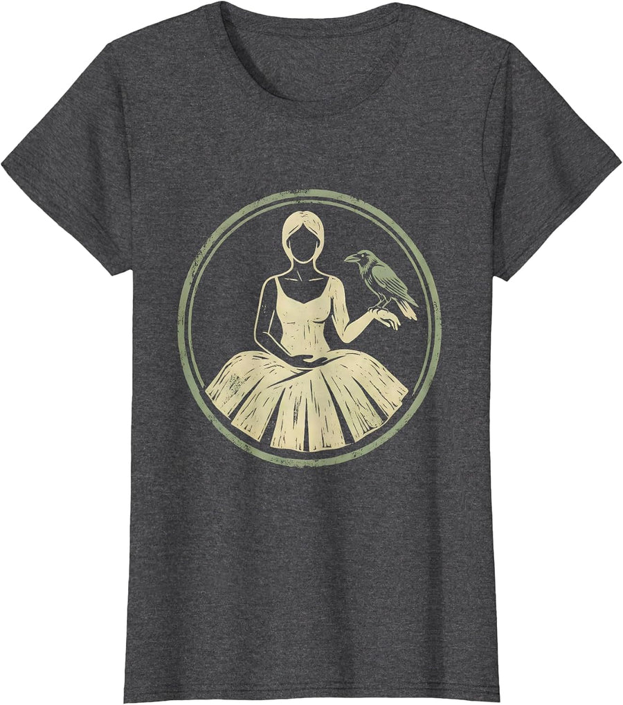 Women's Crow Companion Seated Meditation Illustration T-Shirt - Dark Heather Grey