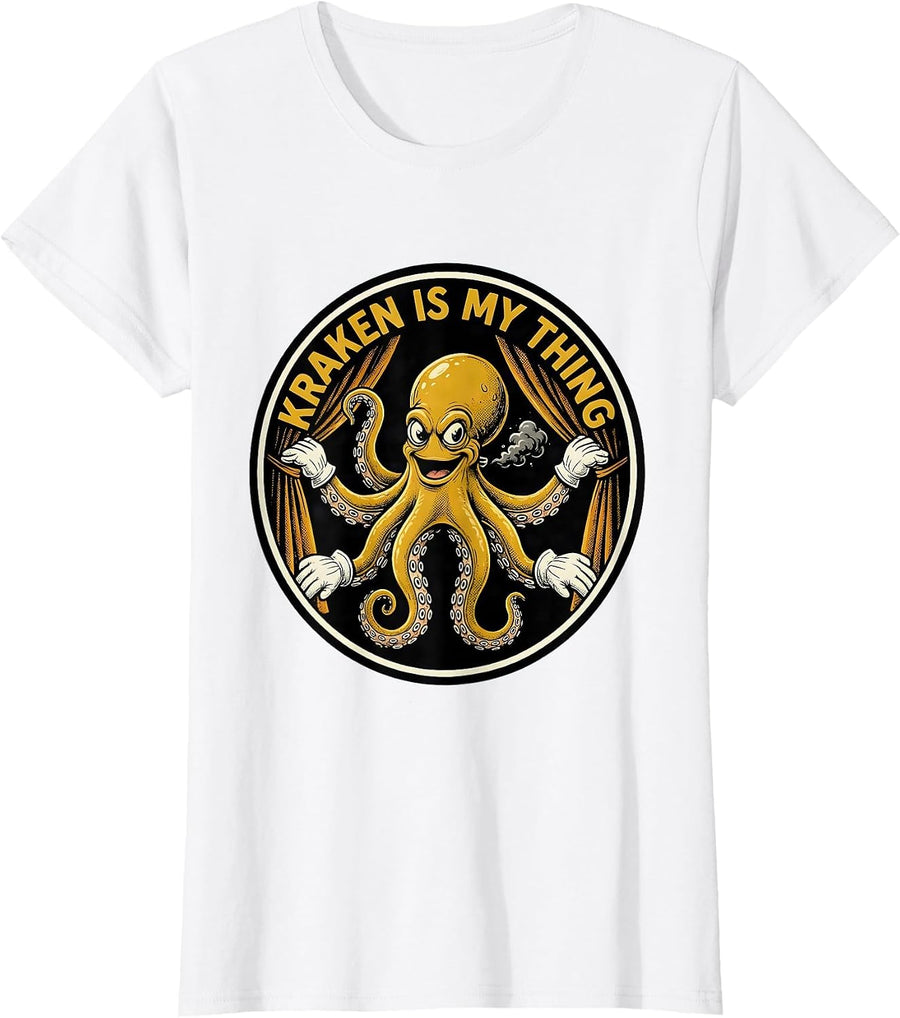 Women's Kraken Is My Thing Retro Cartoon Octopus Lover Humor T-Shirt - White