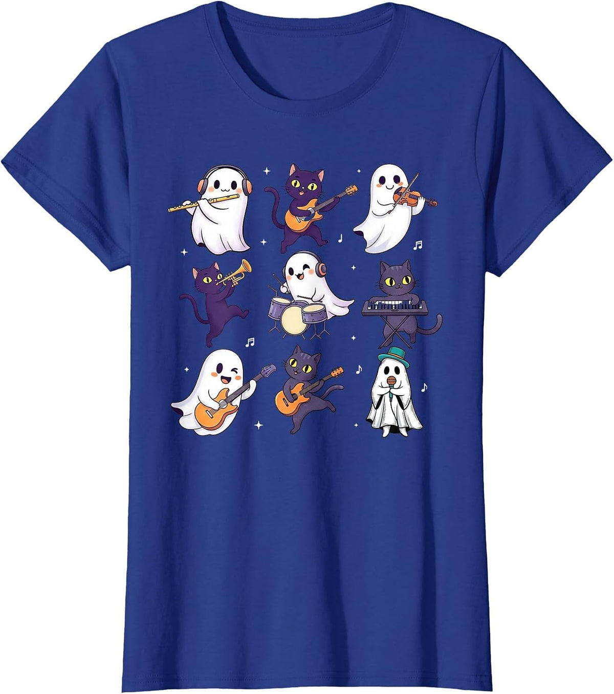 Cute Ghost Cat Playing Musical Halloween Music Teacher T-Shirt - Royal Blue