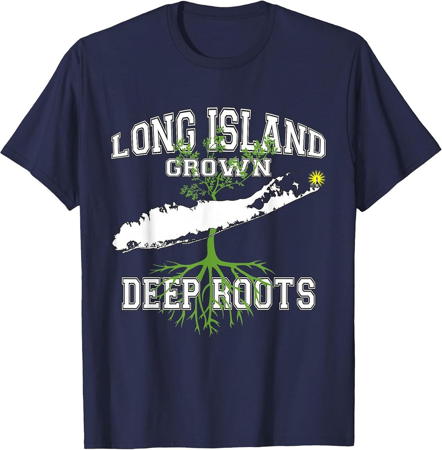 Long Island NY Grown Deep Roots Varsity Letter Style T-Shirt - Navy Blue