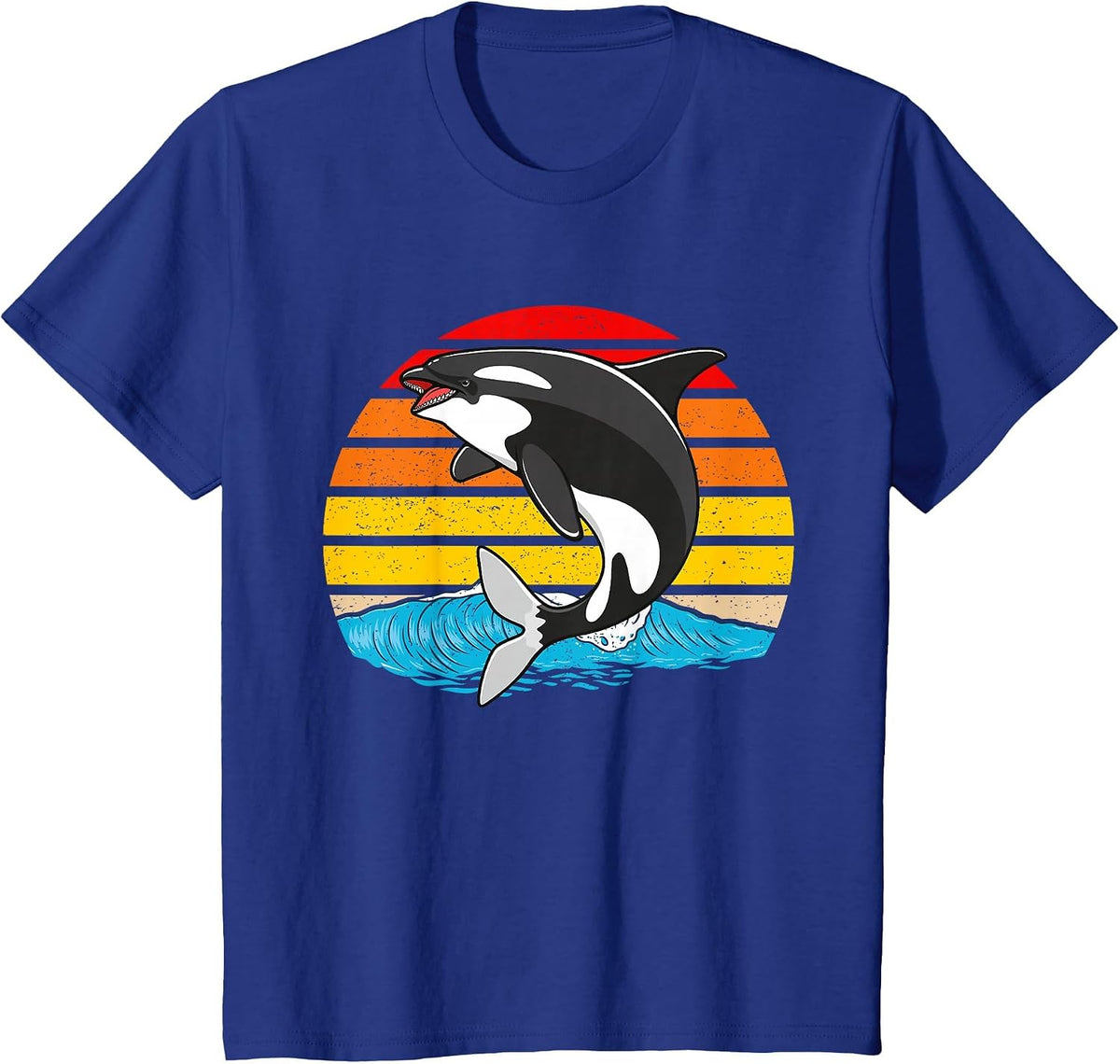 Orca Killer Whale Animated Vintage Retro Tees T Shirts with Waves and Sunset - Royal Blue