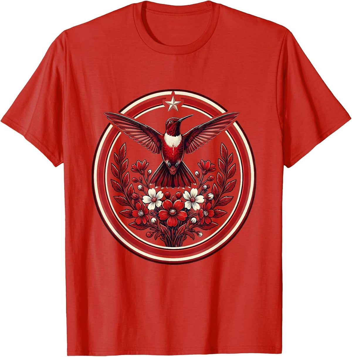 Men's Hummingbird Red White Wildflowers Patriotic T-Shirt - Red