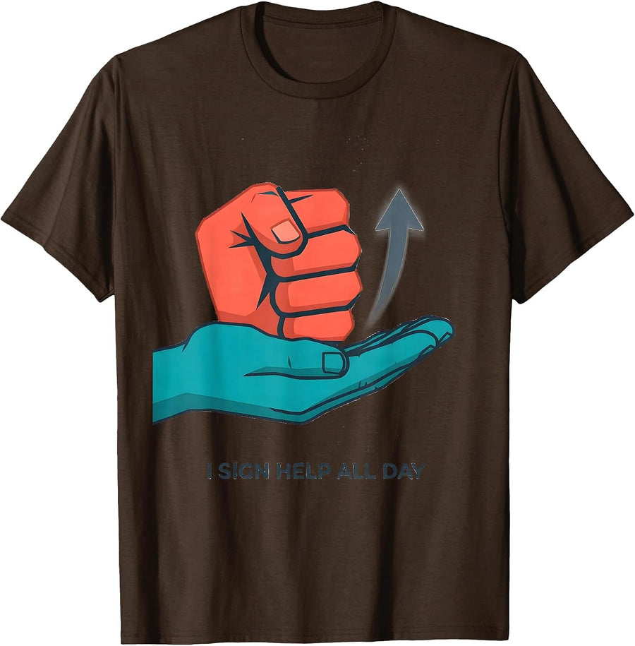 Men's I Sign HELP All Day Flat Vector ASL Sign Language Teacher T-Shirt - Brown