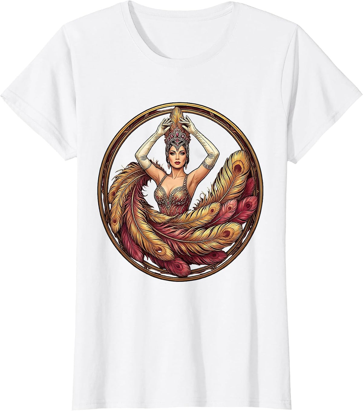 Women's Showgirl Feathered Fan Raised Hands Illustration T-Shirt - White