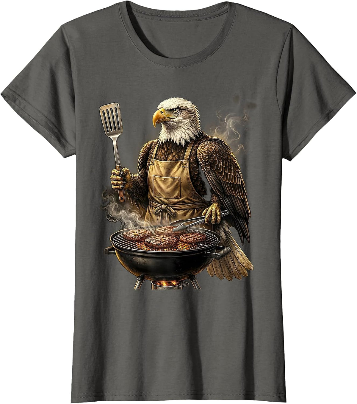 Women's Bald Eagle Grilling Burgers Funny BBQ Design T-Shirt - Asphalt Grey