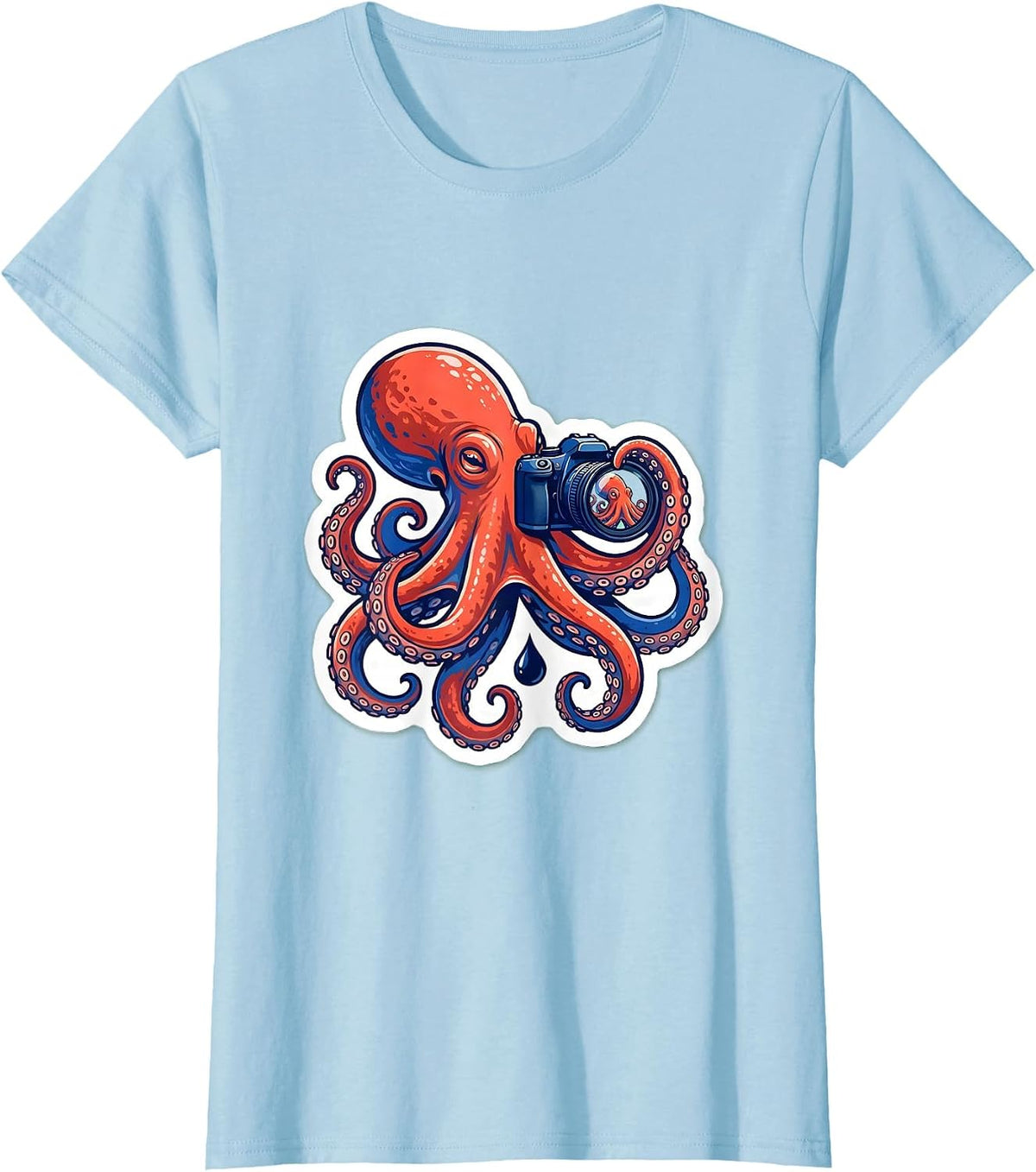 Women's Octopus Photographer Sticker Style Marine Biology Humor T-Shirt - Baby Blue