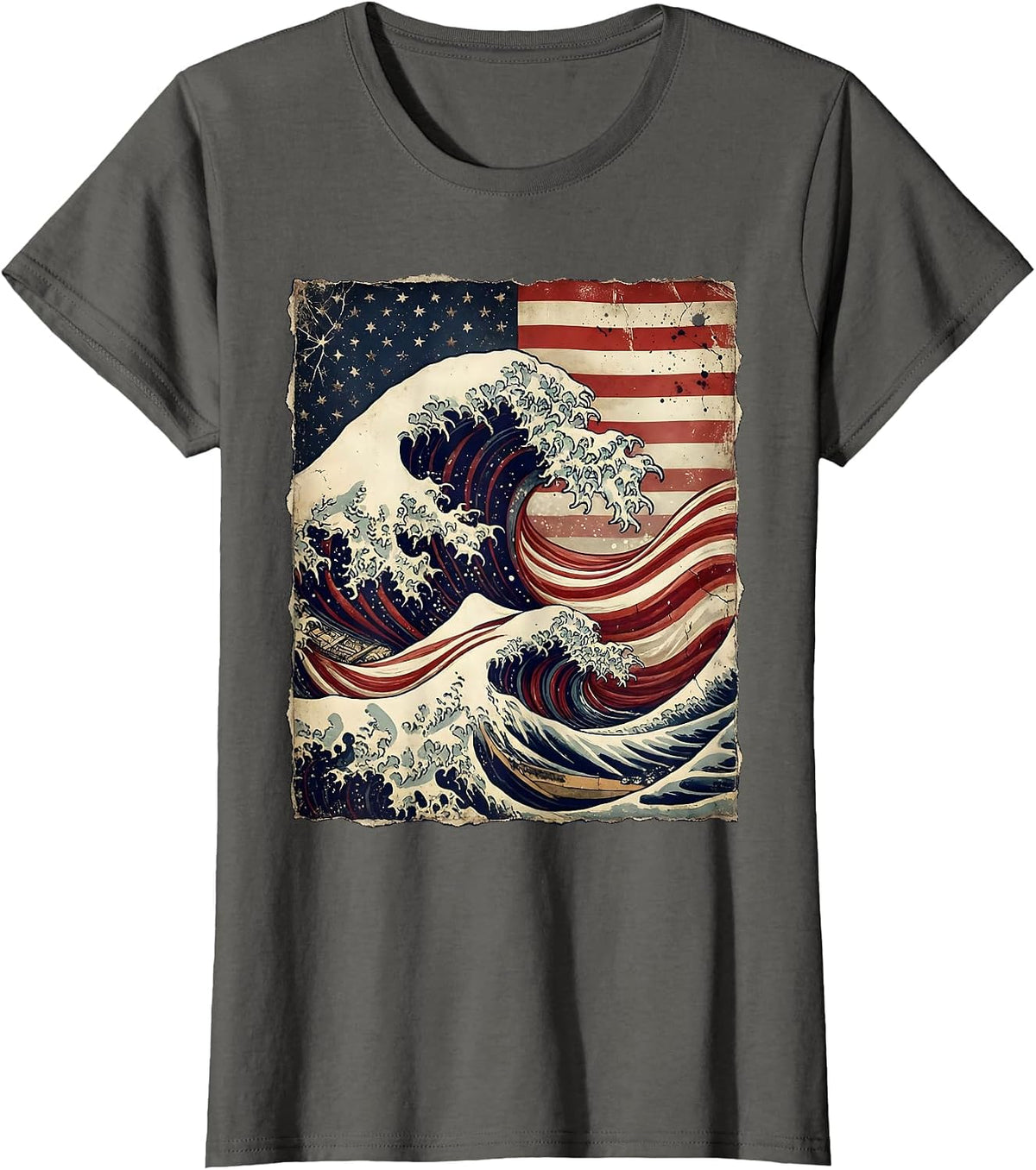 Women's American Flag Wave Curl Ocean Tide Graphic T-Shirt - Asphalt Grey