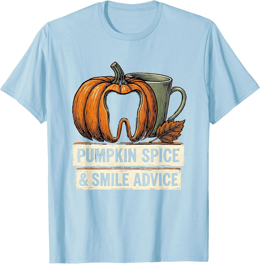 Men's Pumpkin Spice & Smile Advice Funny Dental Hygienist T-Shirt - Baby Blue