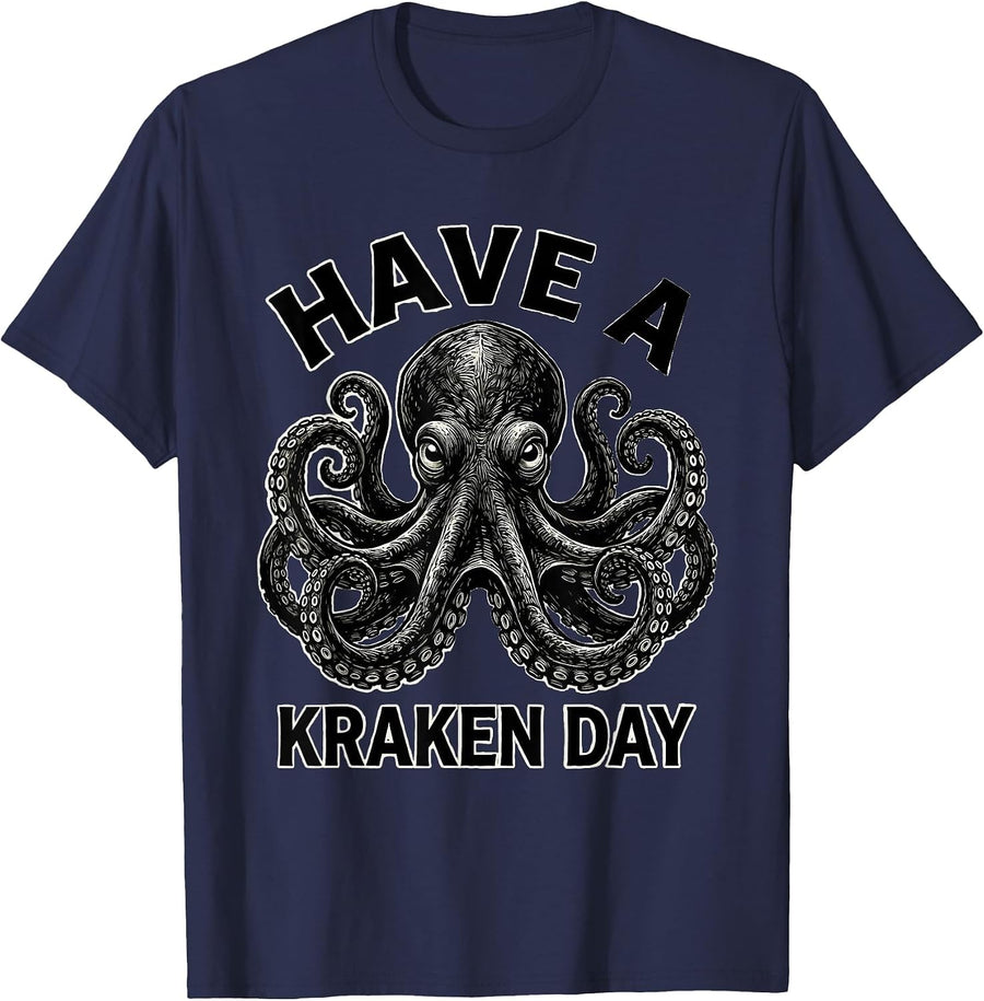 Have A Kraken Day Playful Octopus Lover Vintage Woodcut T-Shirt - Navy Blue