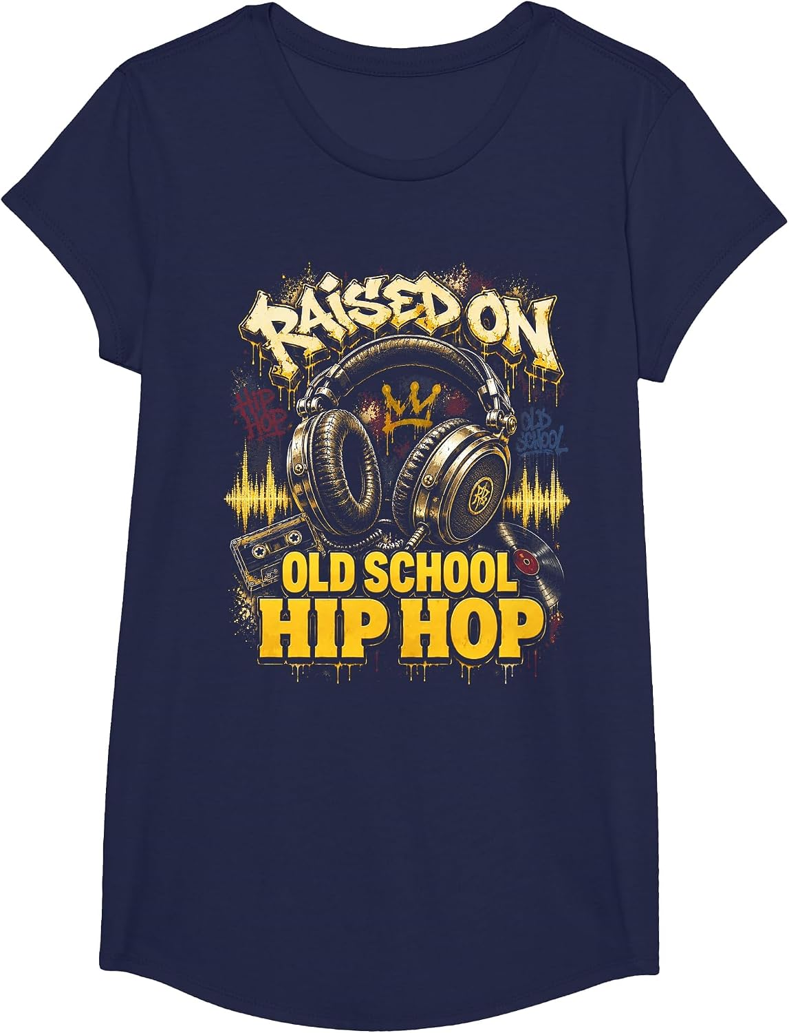 Raised On Old School Hip Hop Cassette Graffiti Rap T-Shirt, Girls, Navy Blue, Large - As Pictured